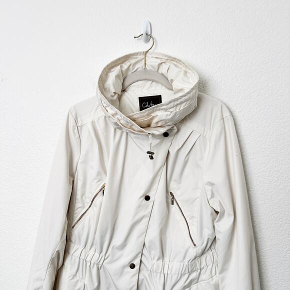 [Cole Haan] Cream Long Sleeve Utility Pocket Raincoat Packable Hood Size Large L - Picture 3 of 12